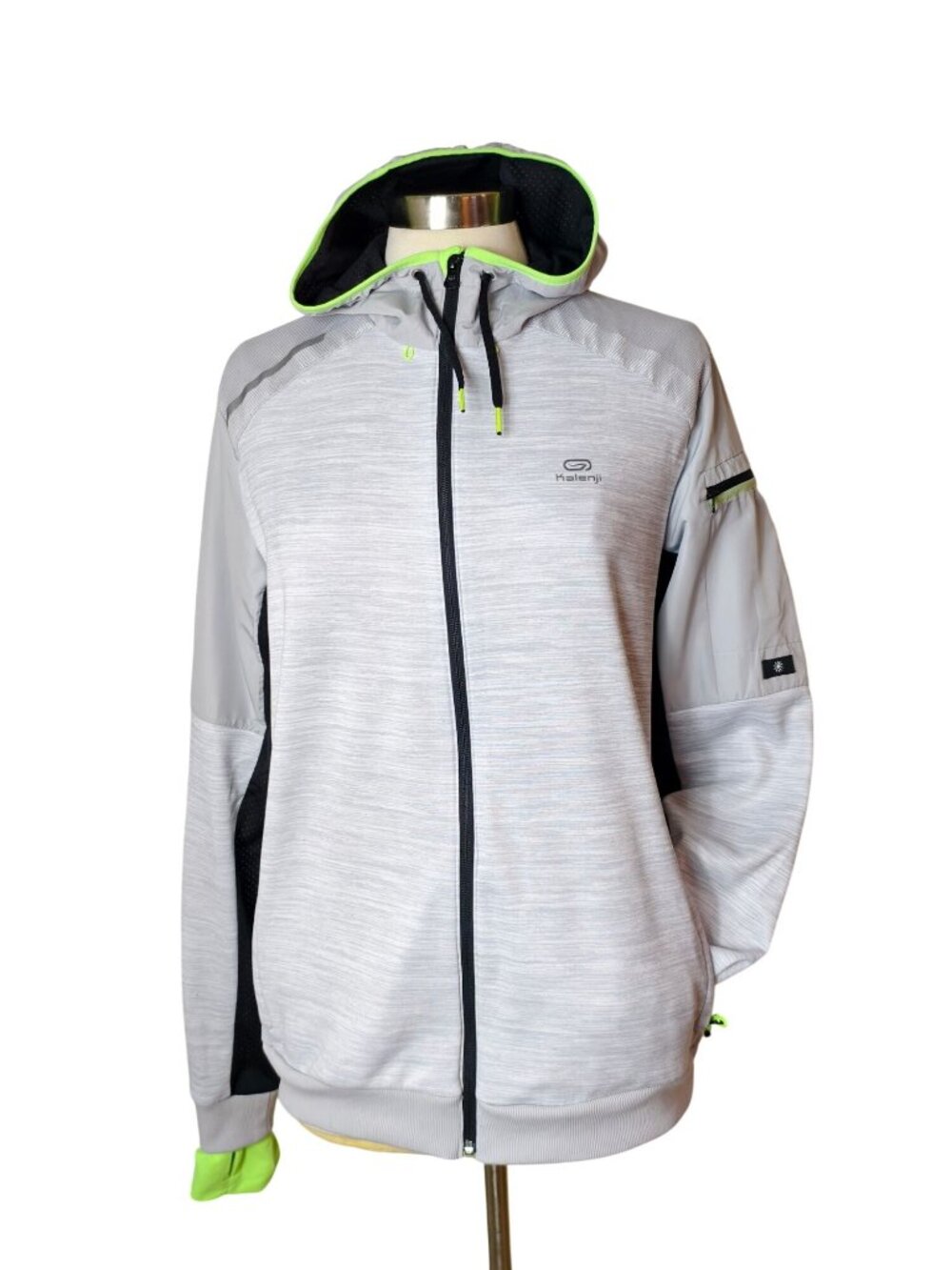Kalenji Womens XL Running Hooded Jacket Grey Reflective Neon Thumbholes Pockets